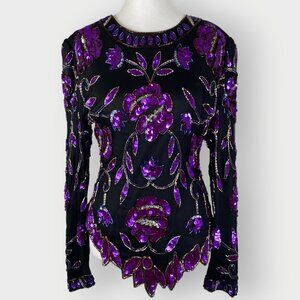 Vtg Lawrence Kazar Silk Blouse | M | Sequin Beaded | Whimsigoth Fairy Festive